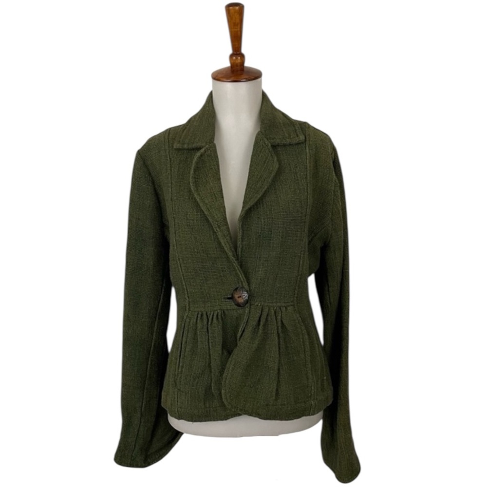 90s Green Knit Jacket Women’s S Blazer Long Sleeve One Button Cotton Retro‎ Prep